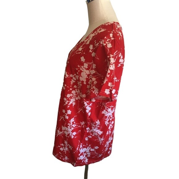 Hot Cotton Size Extra Large Top Red Short Sleeve White Plant Print Lagenlook - Picture 3 of 6